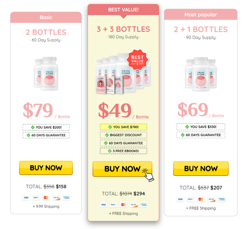 PrimeBiome pricing packages – 2 bottle, 3 bottle, and 6 bottle options with bonuses